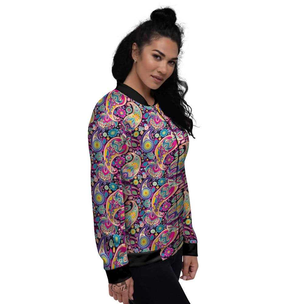 Blue Pink And Green Paisley Print Women's Bomber Jacket-grizzshop