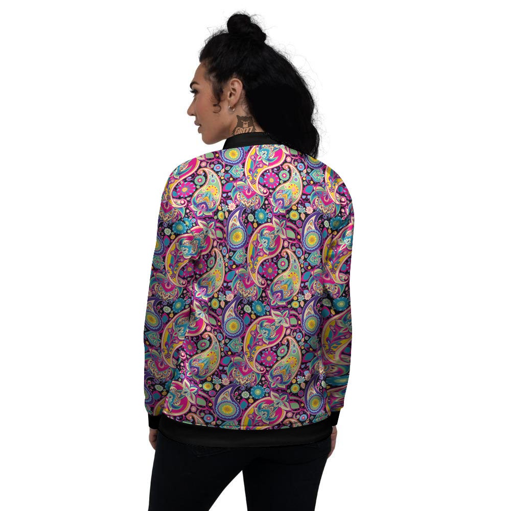 Blue Pink And Green Paisley Print Women's Bomber Jacket-grizzshop