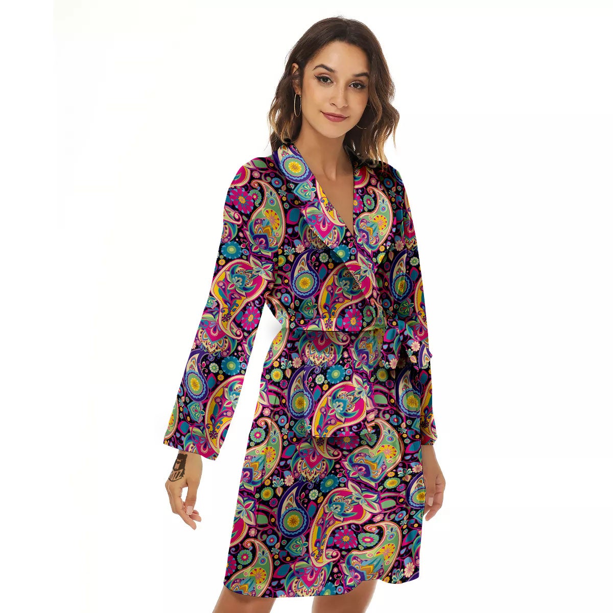 Blue Pink And Green Paisley Print Women's Robe-grizzshop