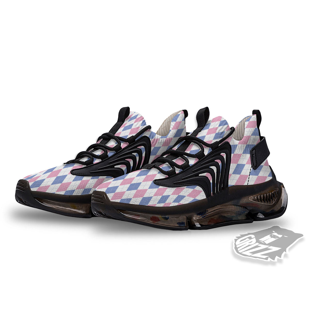 Blue Pink And White Argyle Print Pattern Black Gym Shoes-grizzshop