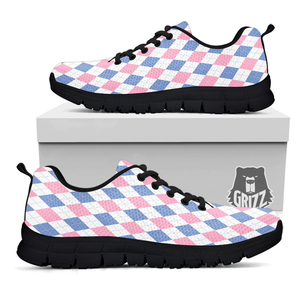 Blue Pink And White Argyle Print Pattern Black Sneaker-grizzshop