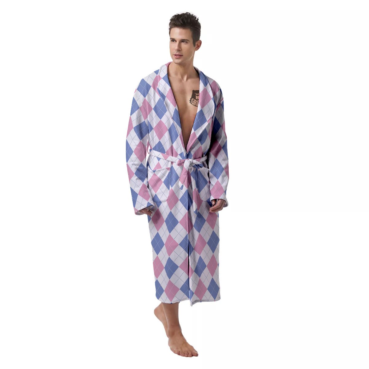Blue Pink And White Argyle Print Pattern Men's Robe-grizzshop