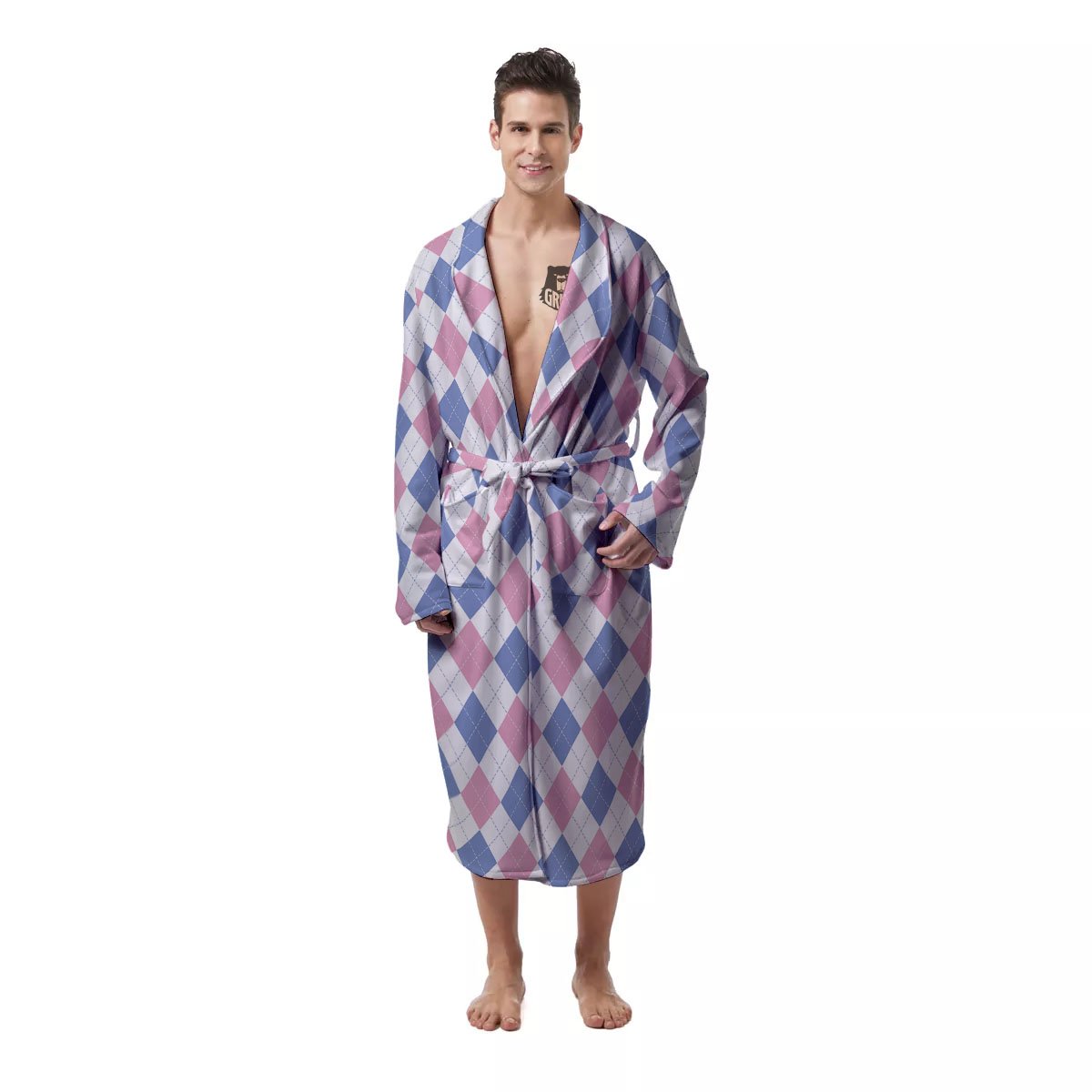 Blue Pink And White Argyle Print Pattern Men's Robe-grizzshop