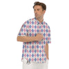 Blue Pink And White Argyle Print Pattern Men's Short Sleeve Shirts-grizzshop