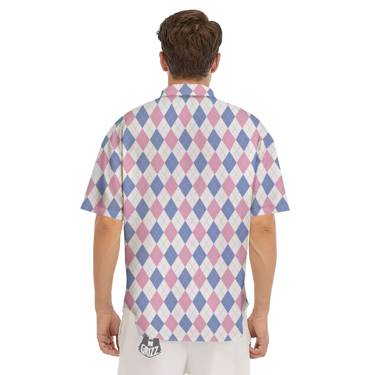 Blue Pink And White Argyle Print Pattern Men's Short Sleeve Shirts-grizzshop