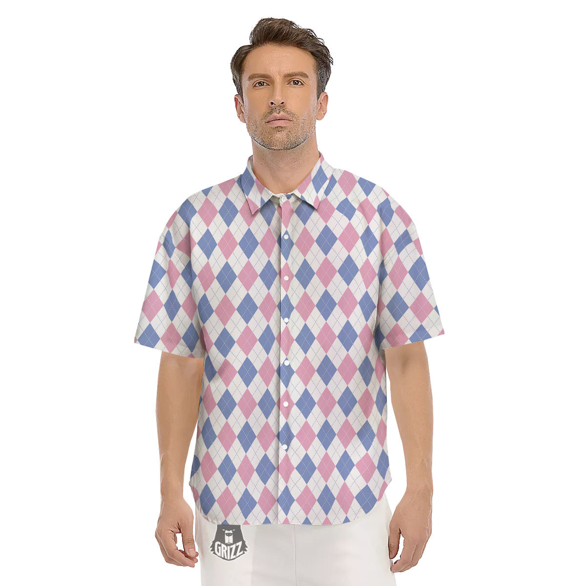 Blue Pink And White Argyle Print Pattern Men's Short Sleeve Shirts-grizzshop