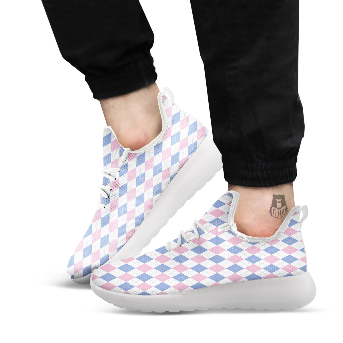 Blue Pink And White Argyle Print Pattern White Athletic Shoes-grizzshop