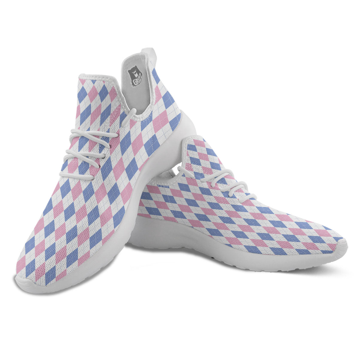 Blue Pink And White Argyle Print Pattern White Athletic Shoes-grizzshop