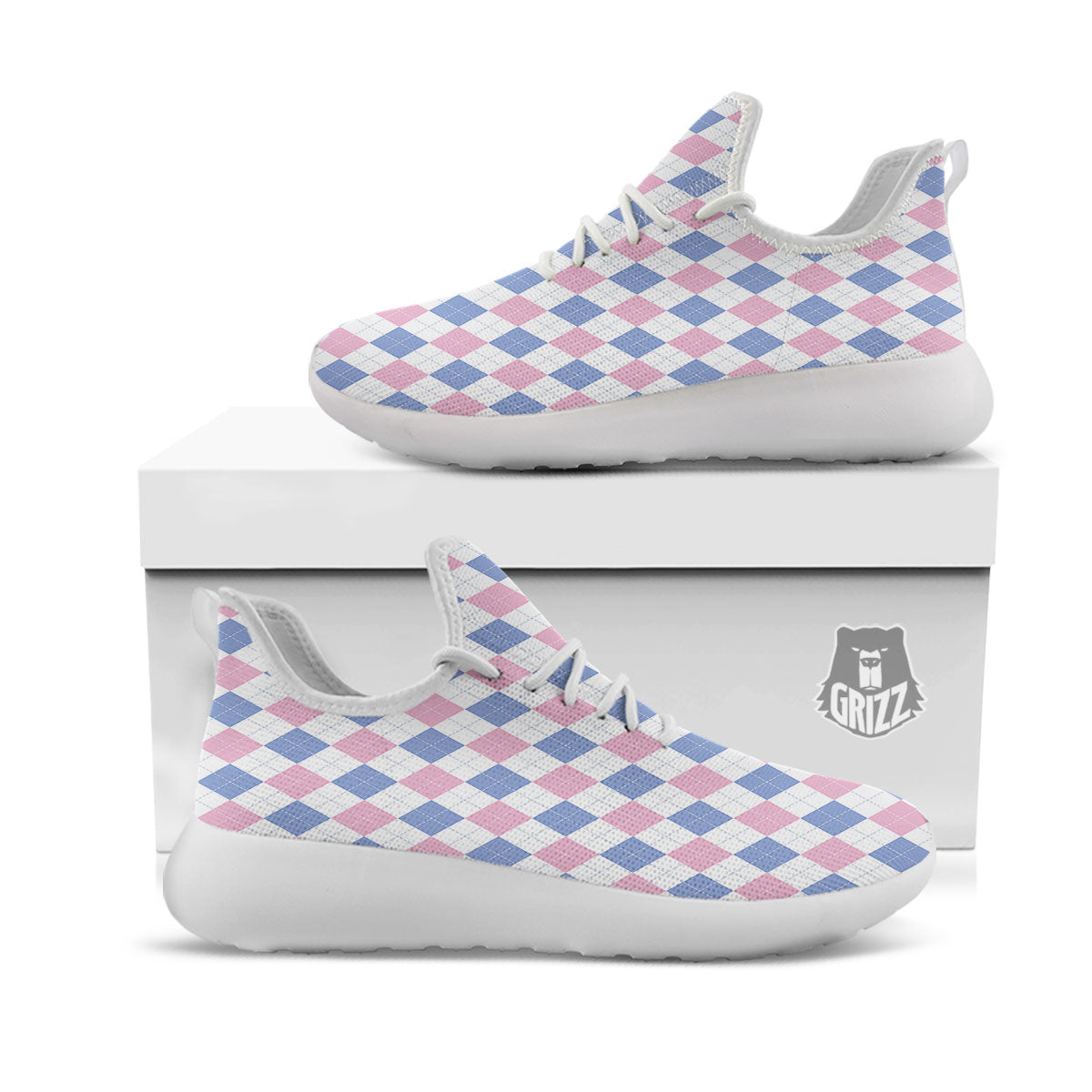 Blue Pink And White Argyle Print Pattern White Athletic Shoes-grizzshop