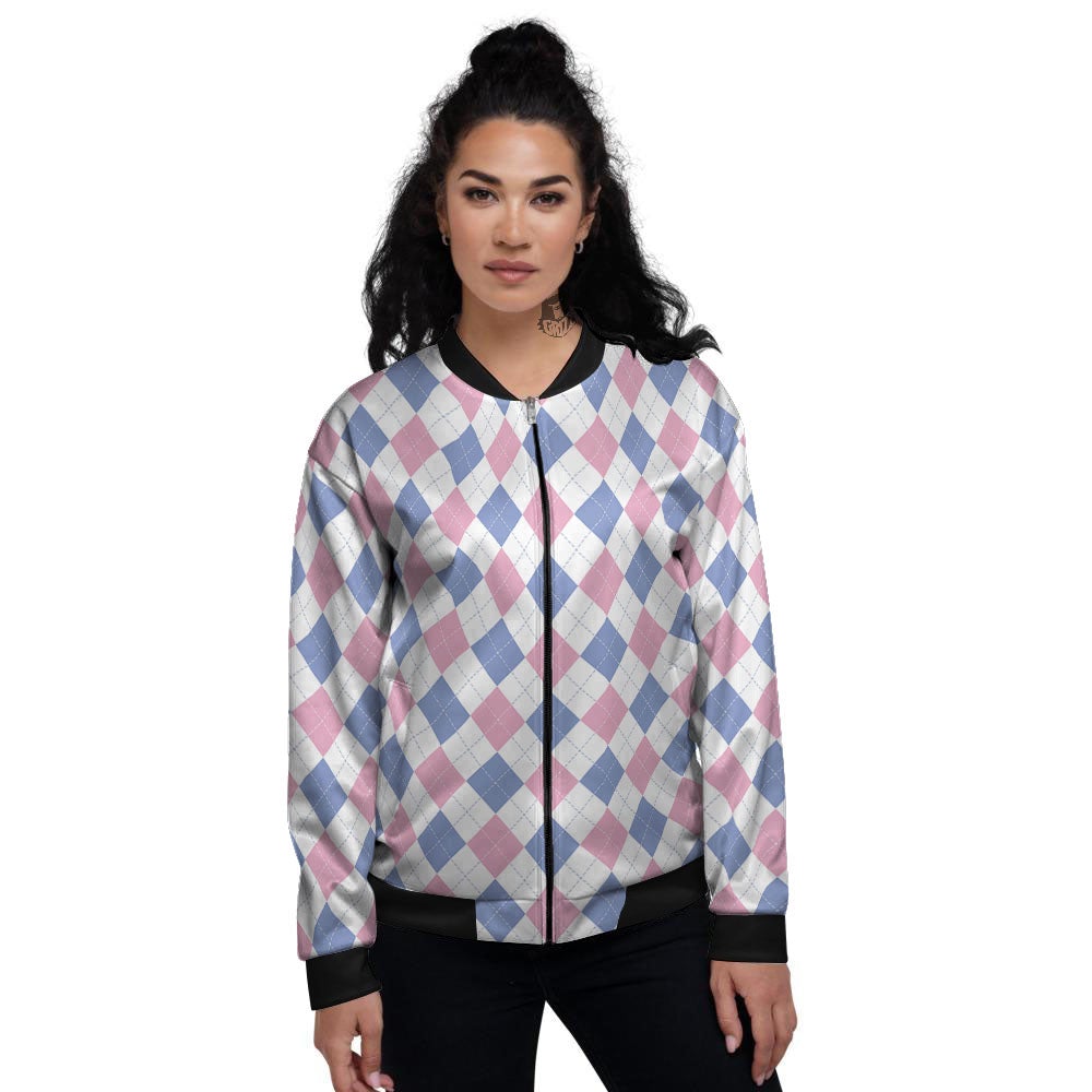 Blue Pink And White Argyle Print Pattern Women's Bomber Jacket-grizzshop