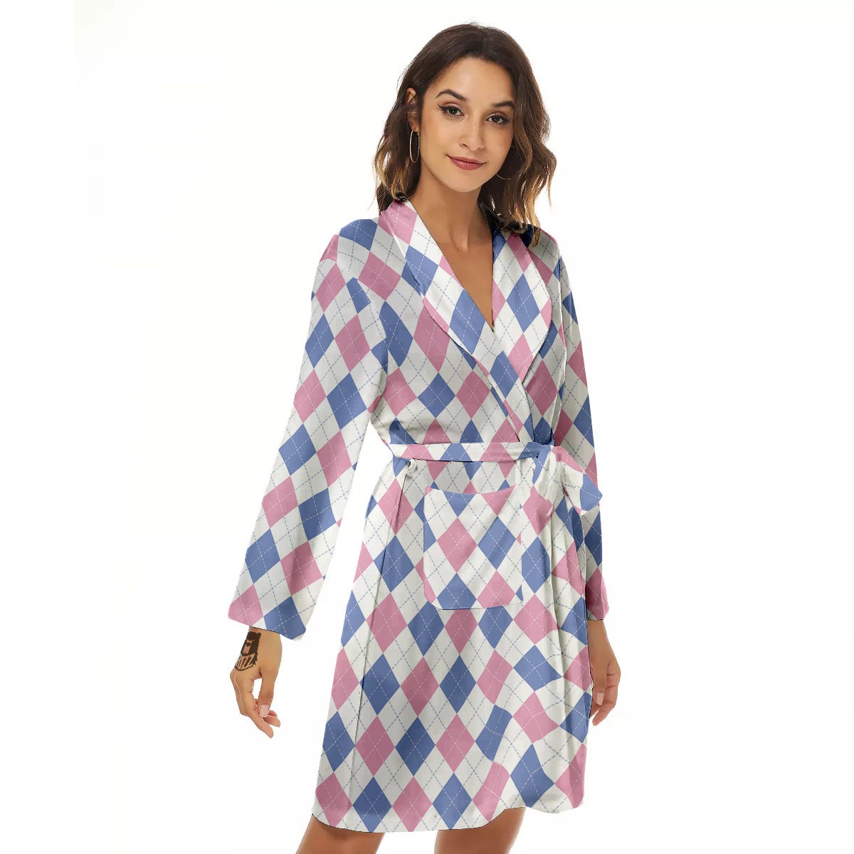 Blue Pink And White Argyle Print Pattern Women's Robe-grizzshop