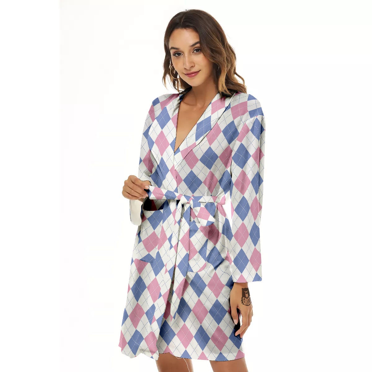 Blue Pink And White Argyle Print Pattern Women's Robe-grizzshop