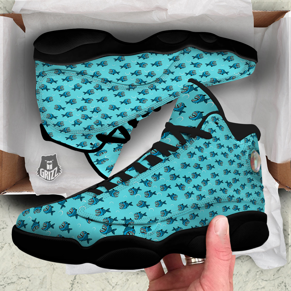 Blue Piranha Print Pattern Black Basketball Shoes-grizzshop