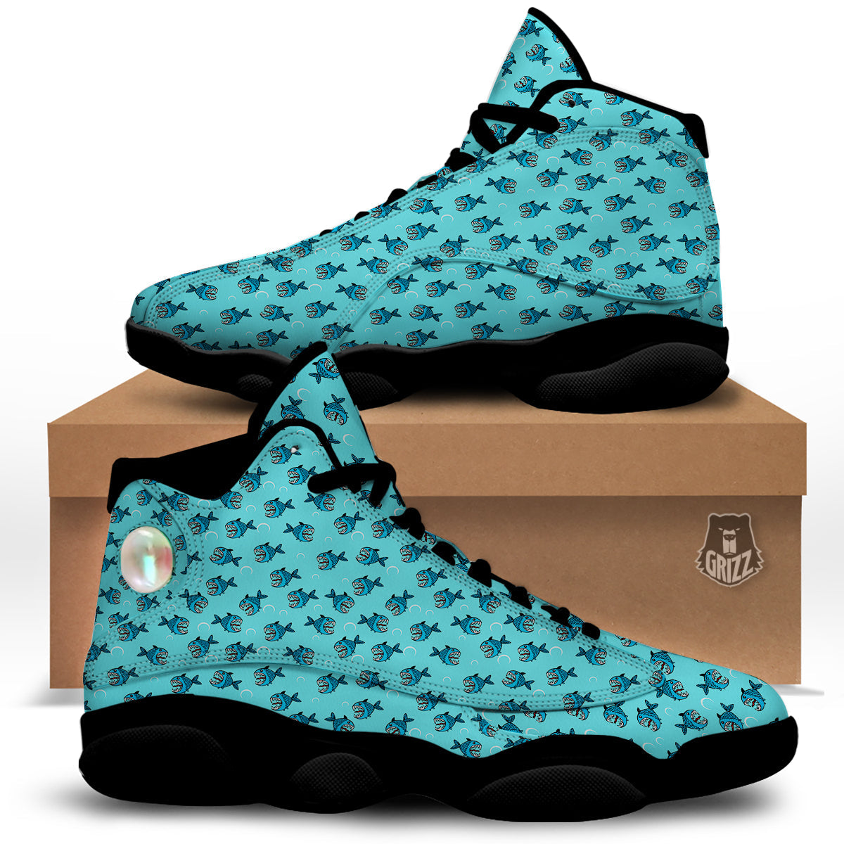 Blue Piranha Print Pattern Black Basketball Shoes-grizzshop