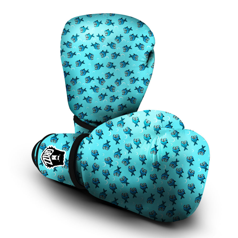 Blue Piranha Print Pattern Boxing Gloves-grizzshop