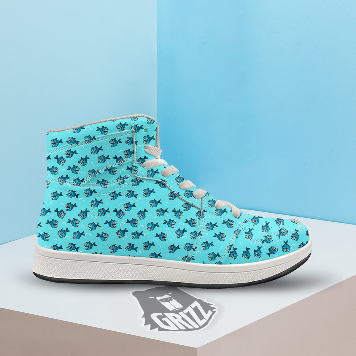 Blue Piranha Print Pattern High Top Sneakers-grizzshop