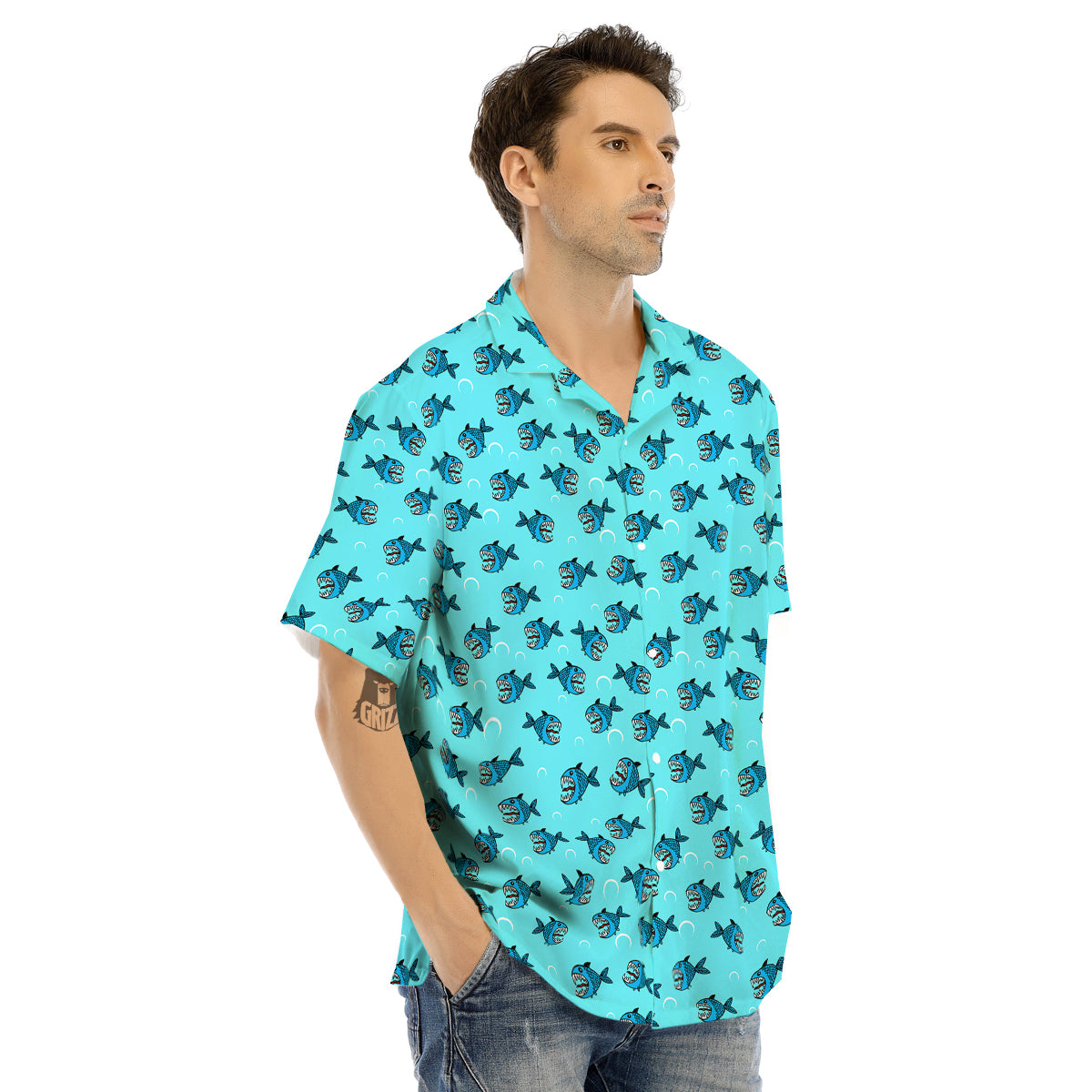 Blue Piranha Print Pattern Men's Hawaiian Shirt-grizzshop