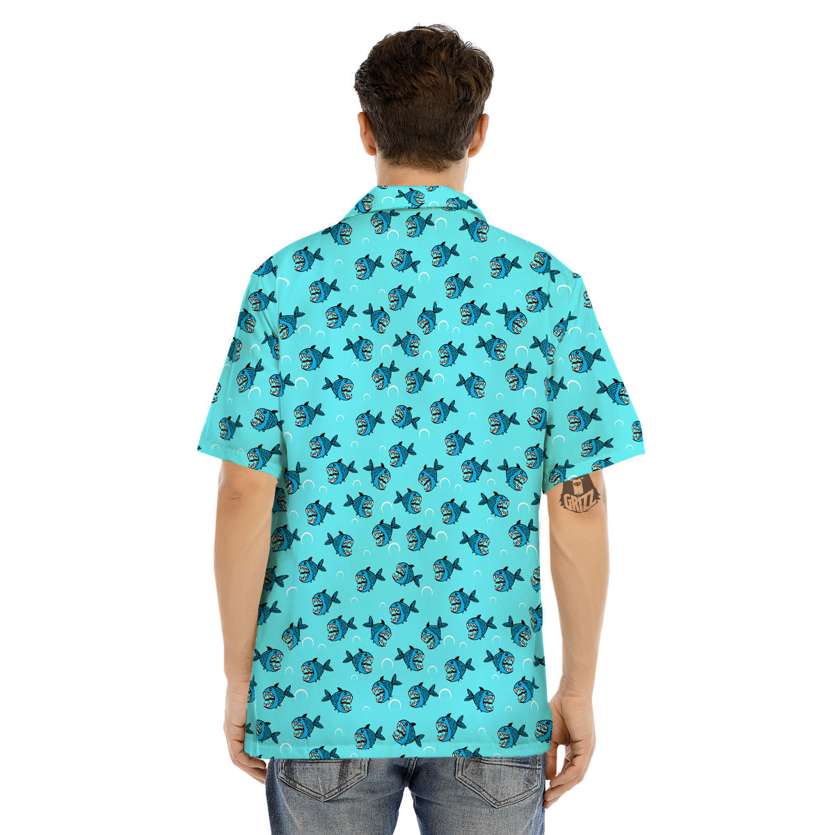 Blue Piranha Print Pattern Men's Hawaiian Shirt-grizzshop