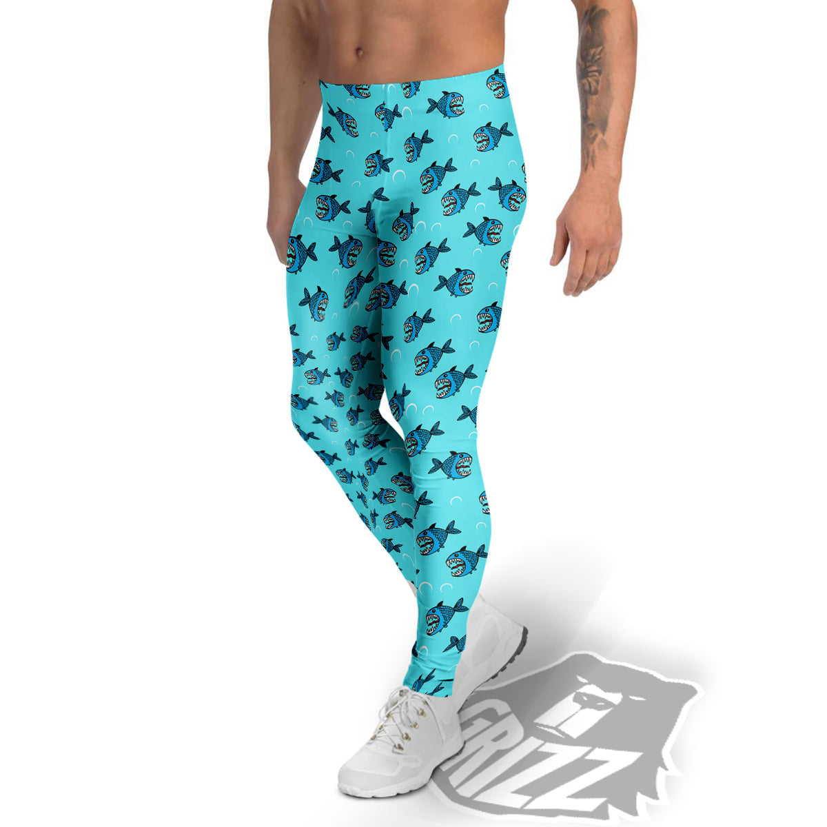 Blue Piranha Print Pattern Men's Leggings-grizzshop