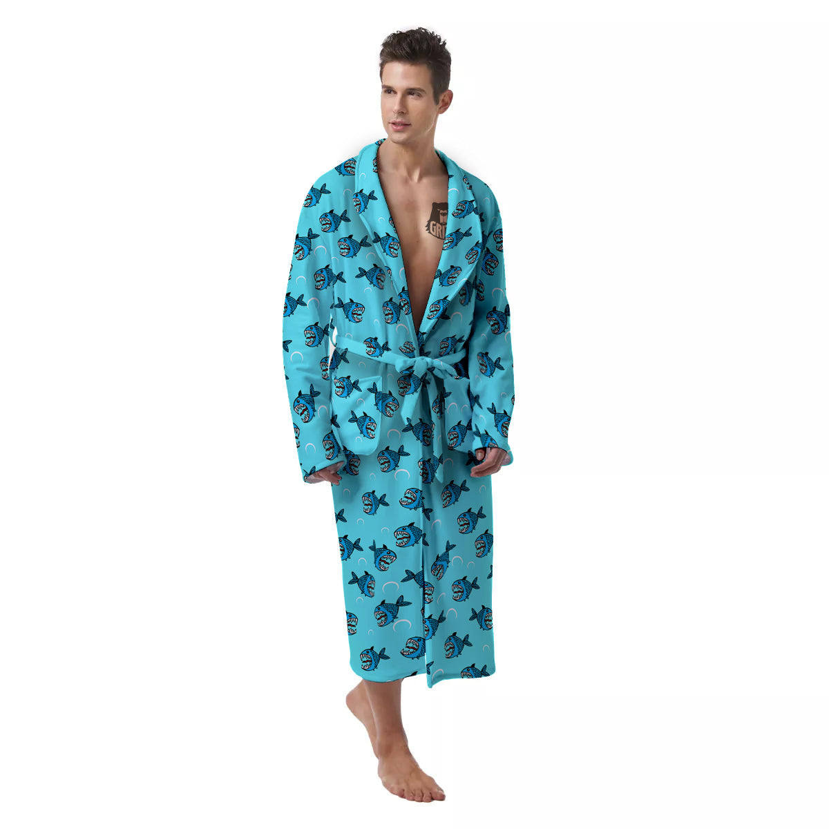 Blue Piranha Print Pattern Men's Robe-grizzshop