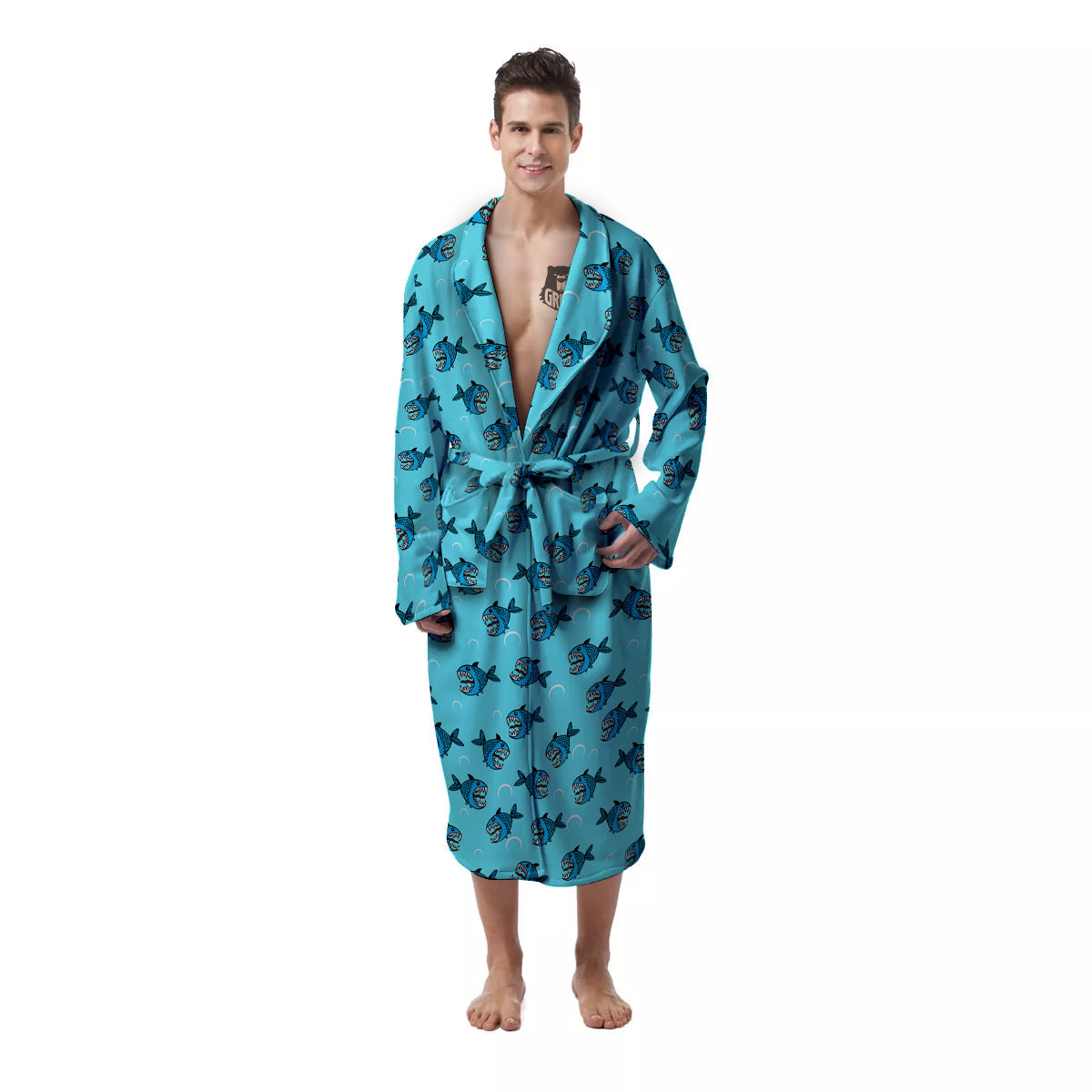 Blue Piranha Print Pattern Men's Robe-grizzshop