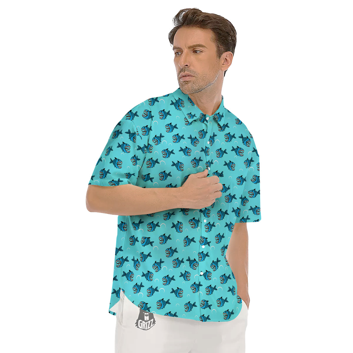 Blue Piranha Print Pattern Men's Short Sleeve Shirts-grizzshop