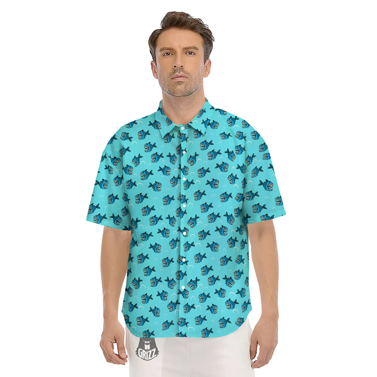 Blue Piranha Print Pattern Men's Short Sleeve Shirts-grizzshop