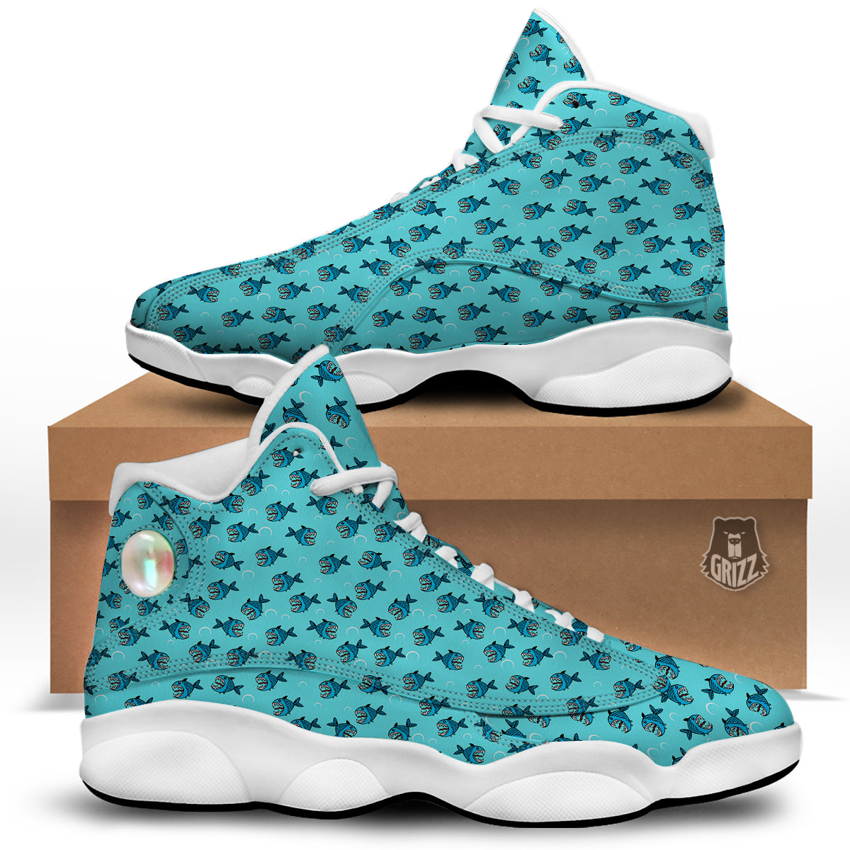 Blue Piranha Print Pattern White Basketball Shoes-grizzshop