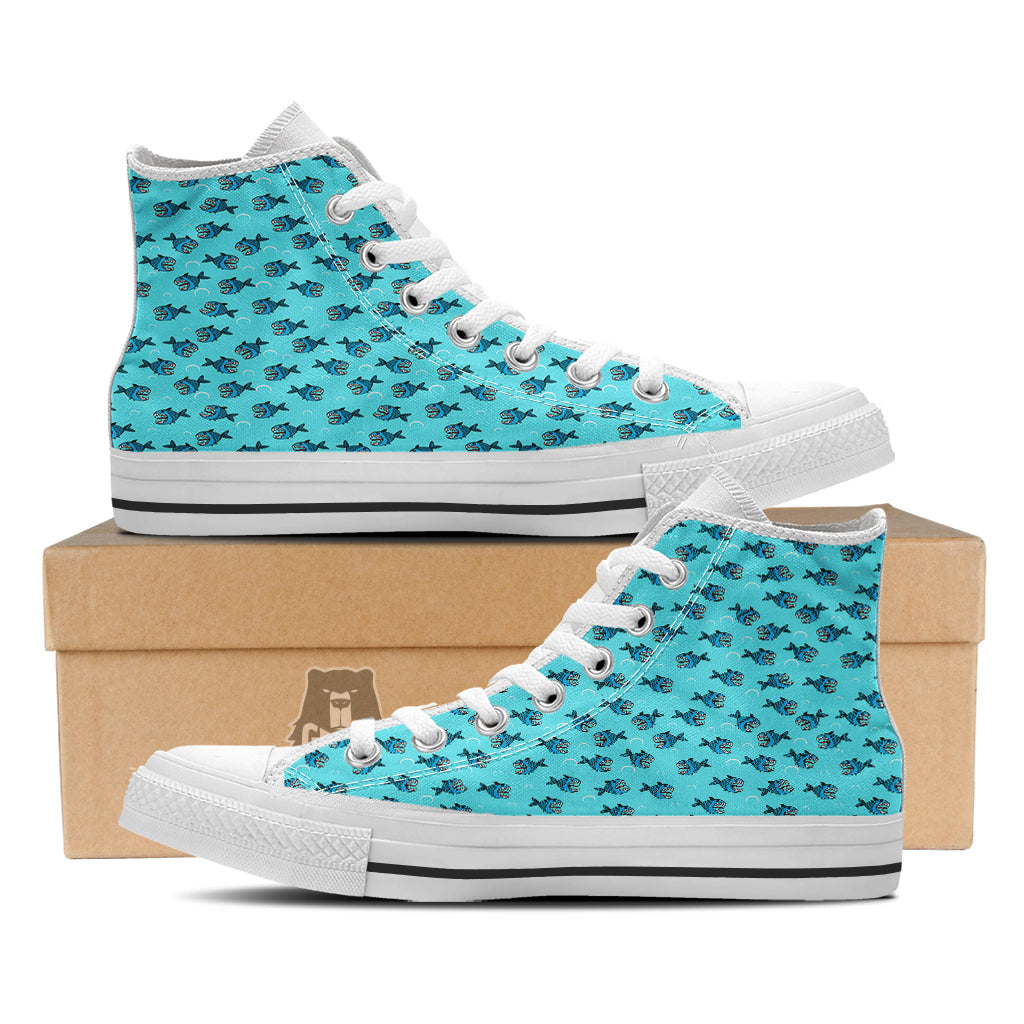 Blue Piranha Print Pattern White High Top Shoes-grizzshop