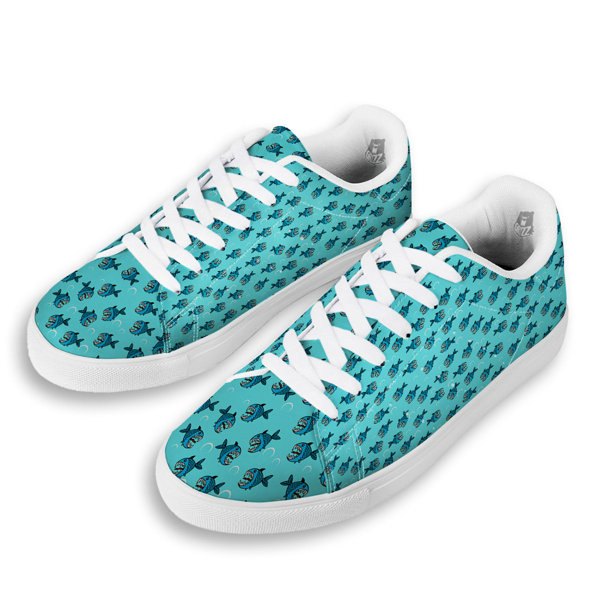 Blue Piranha Print Pattern White Low Top Sneakers-grizzshop