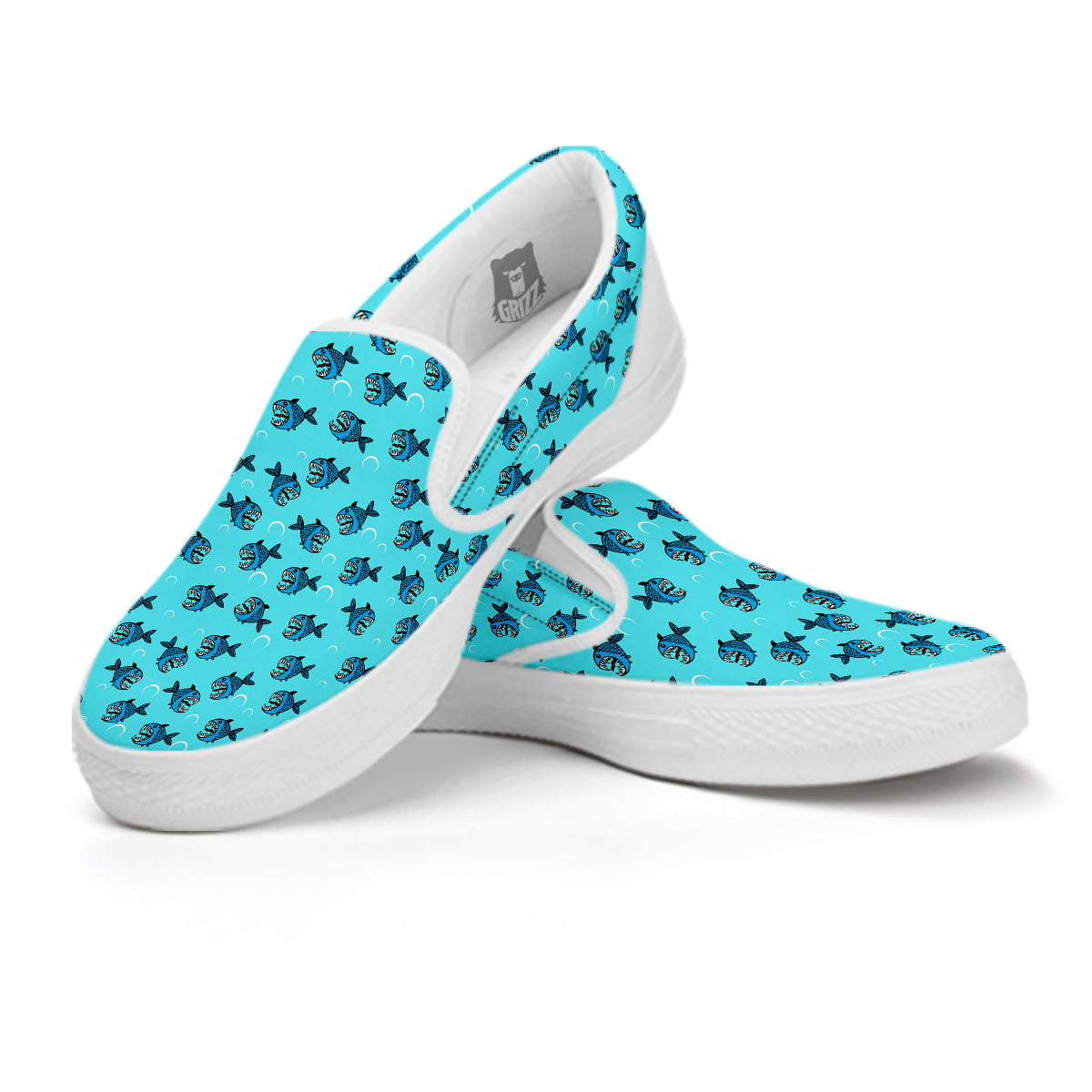 Blue Piranha Print Pattern White Slip On Shoes-grizzshop