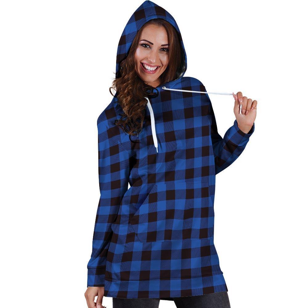 Blue Plaid Hoodie Dress-grizzshop