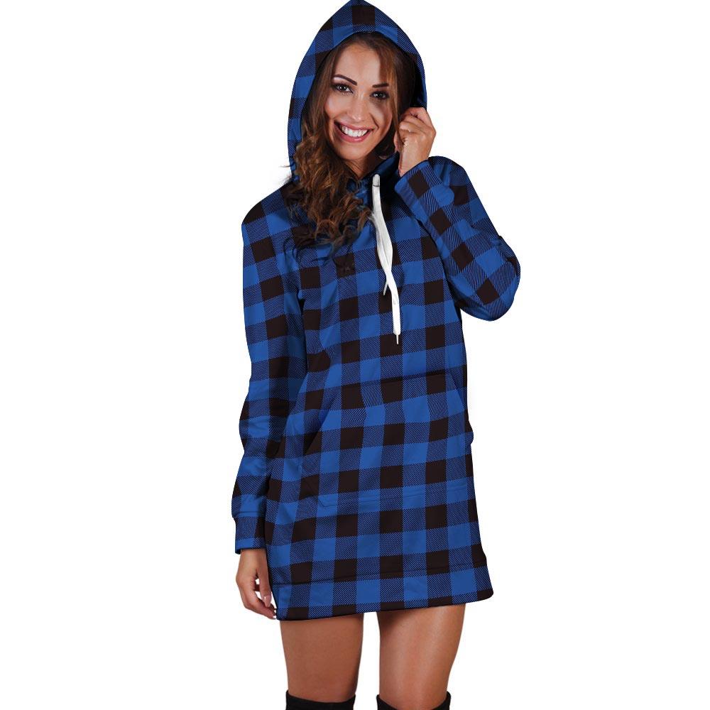 Blue Plaid Hoodie Dress-grizzshop