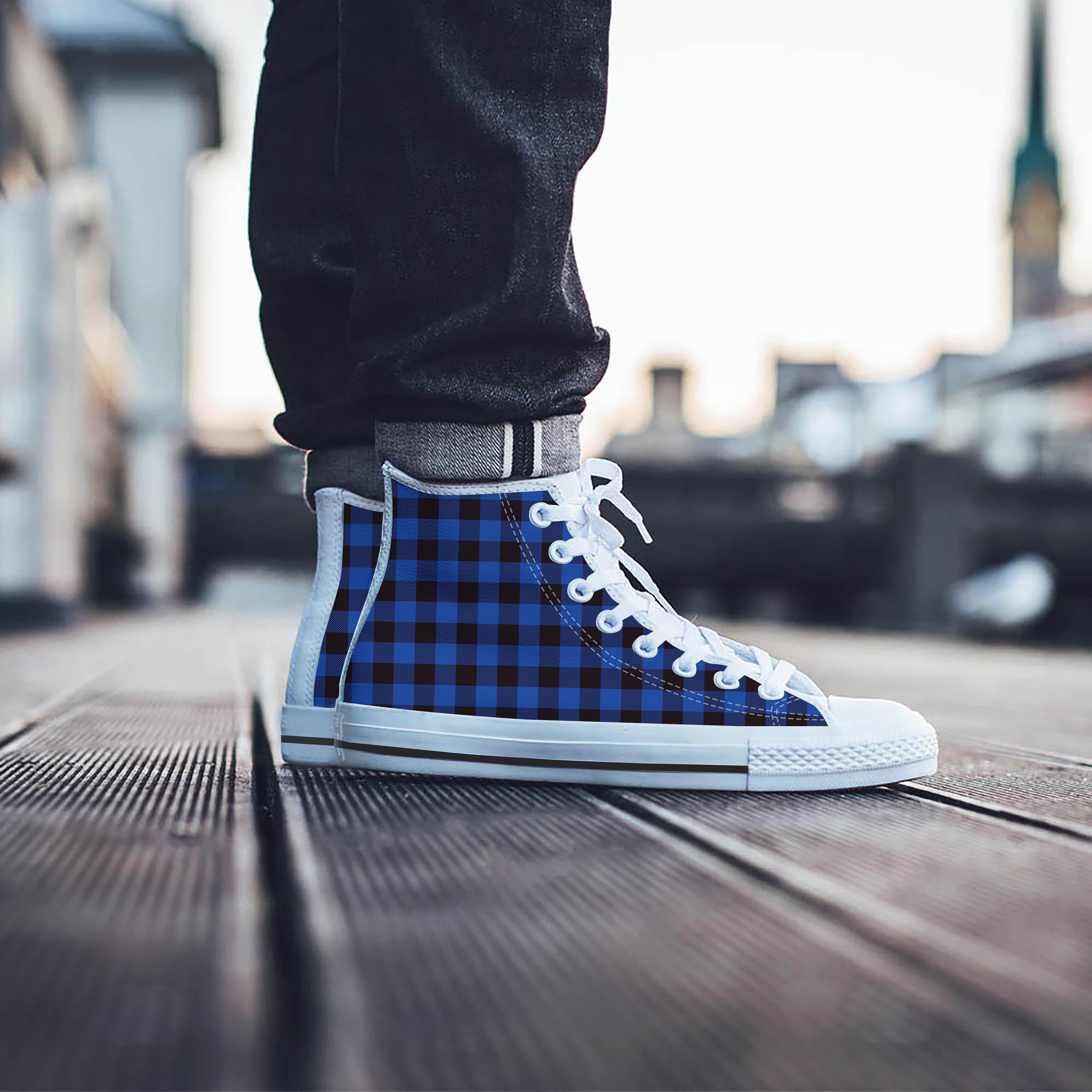 Blue Plaid Men's High Top Shoes-grizzshop