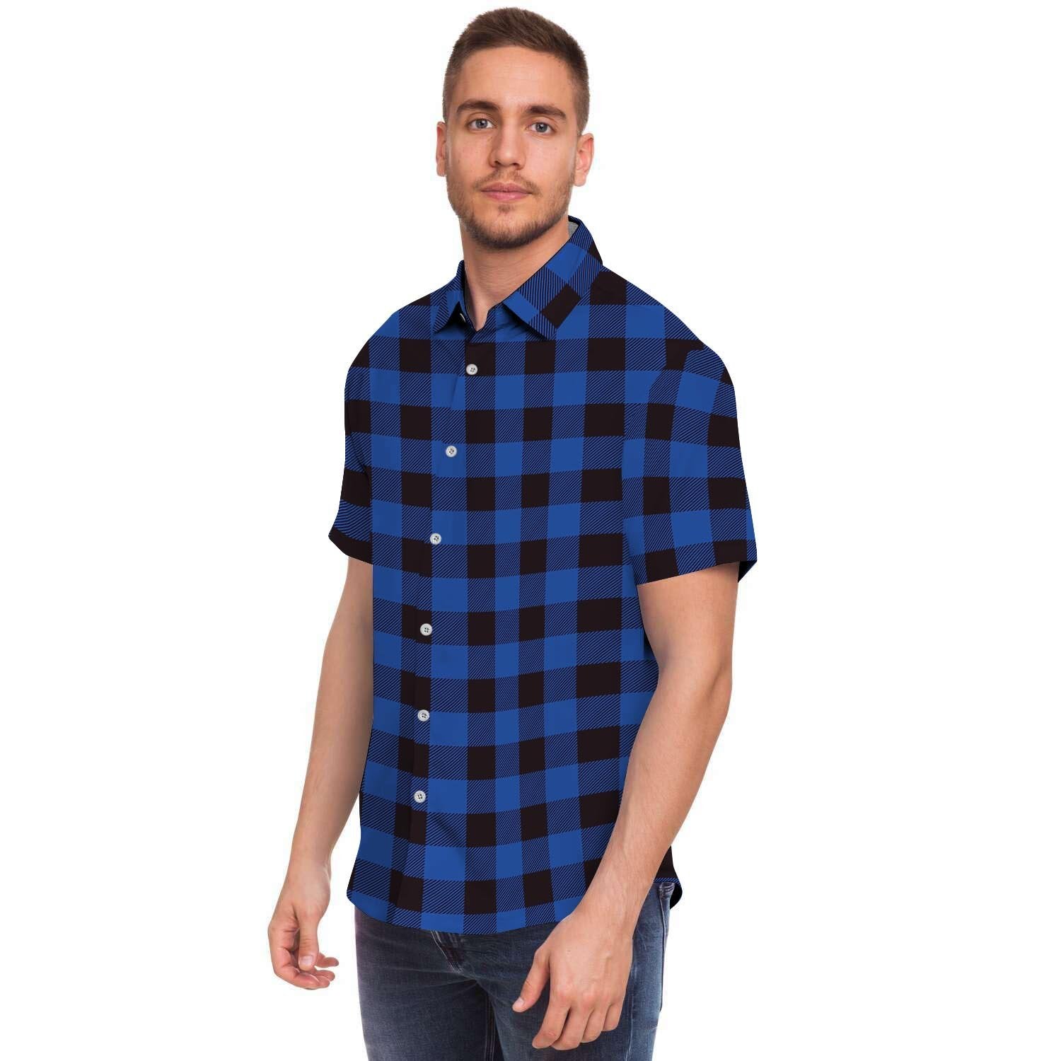 Blue Plaid Men's Short Sleeve Shirt-grizzshop