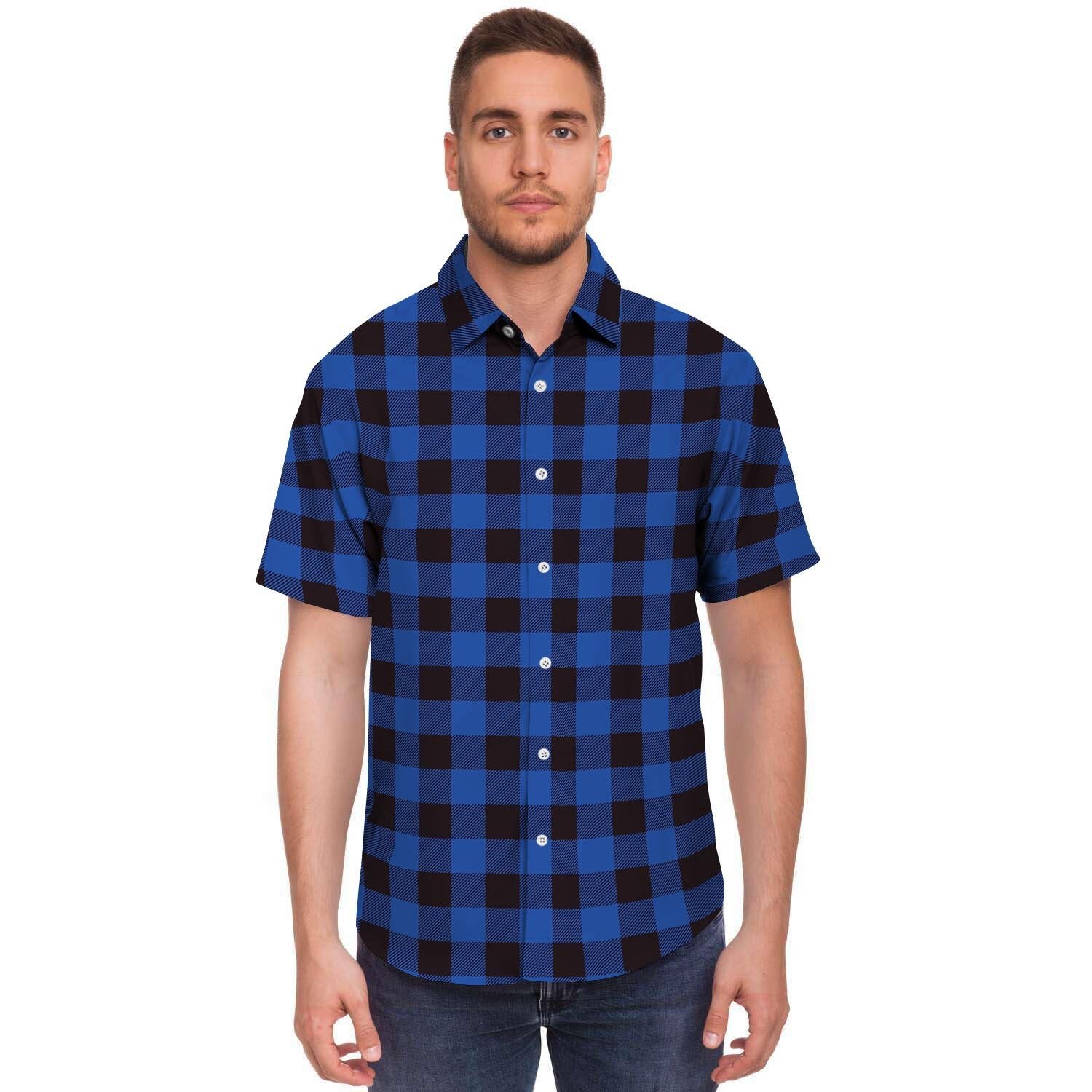 Blue Plaid Men's Short Sleeve Shirt-grizzshop