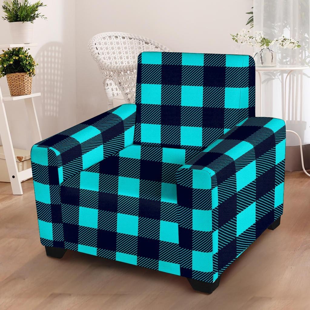 Blue Plaid Print Armchair Cover-grizzshop