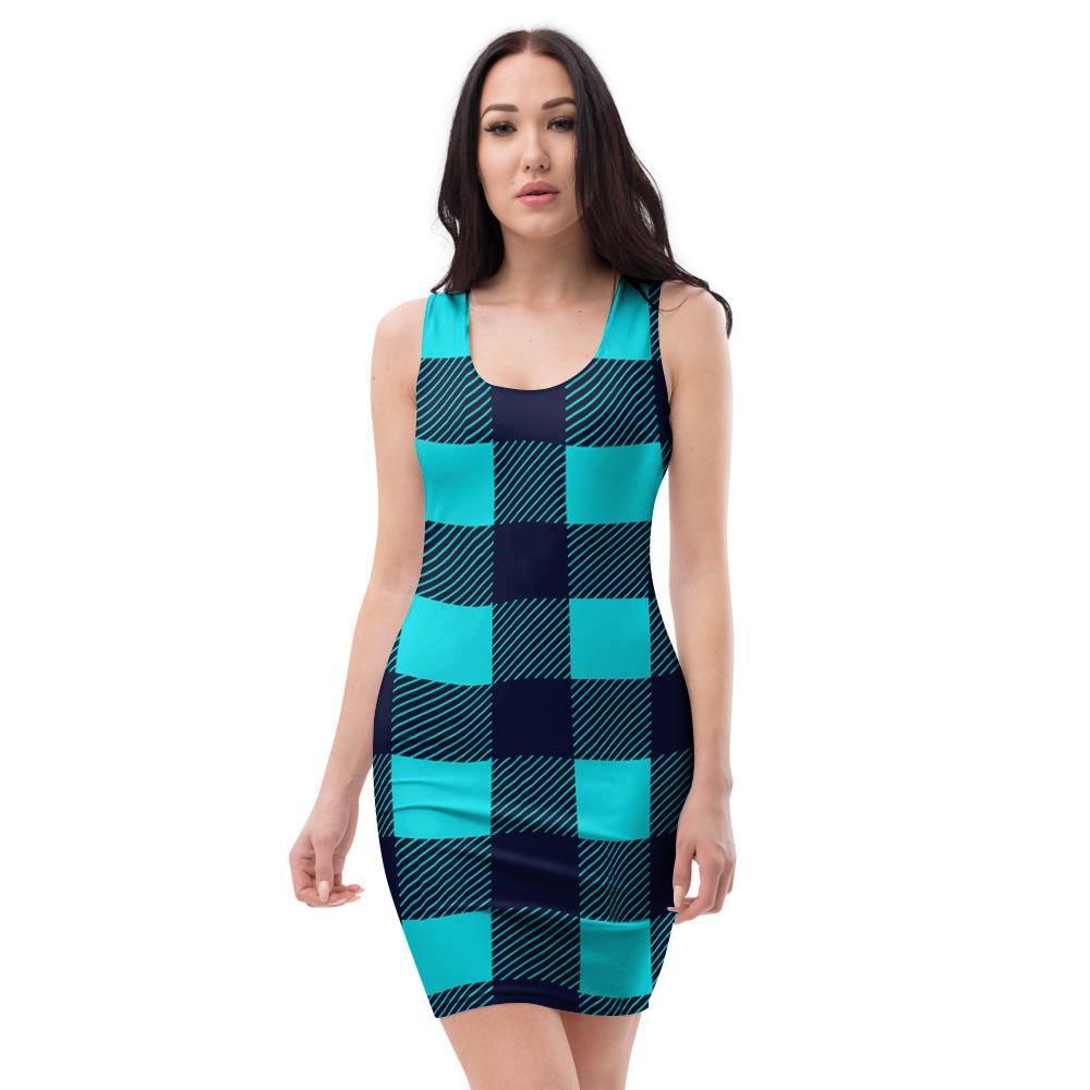 Blue Plaid Print Bodycon Dress-grizzshop