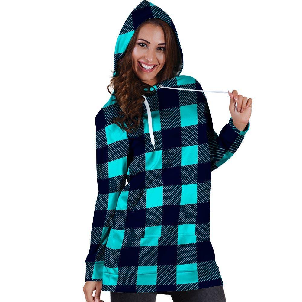 Blue Plaid Print Hoodie Dress-grizzshop