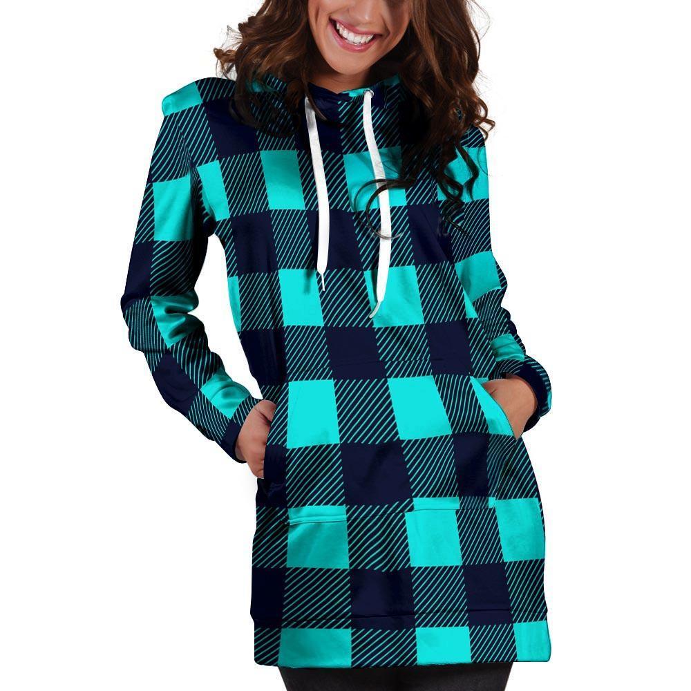 Blue Plaid Print Hoodie Dress-grizzshop