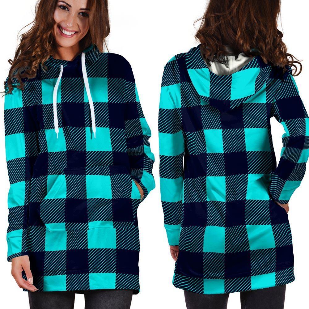 Blue Plaid Print Hoodie Dress-grizzshop