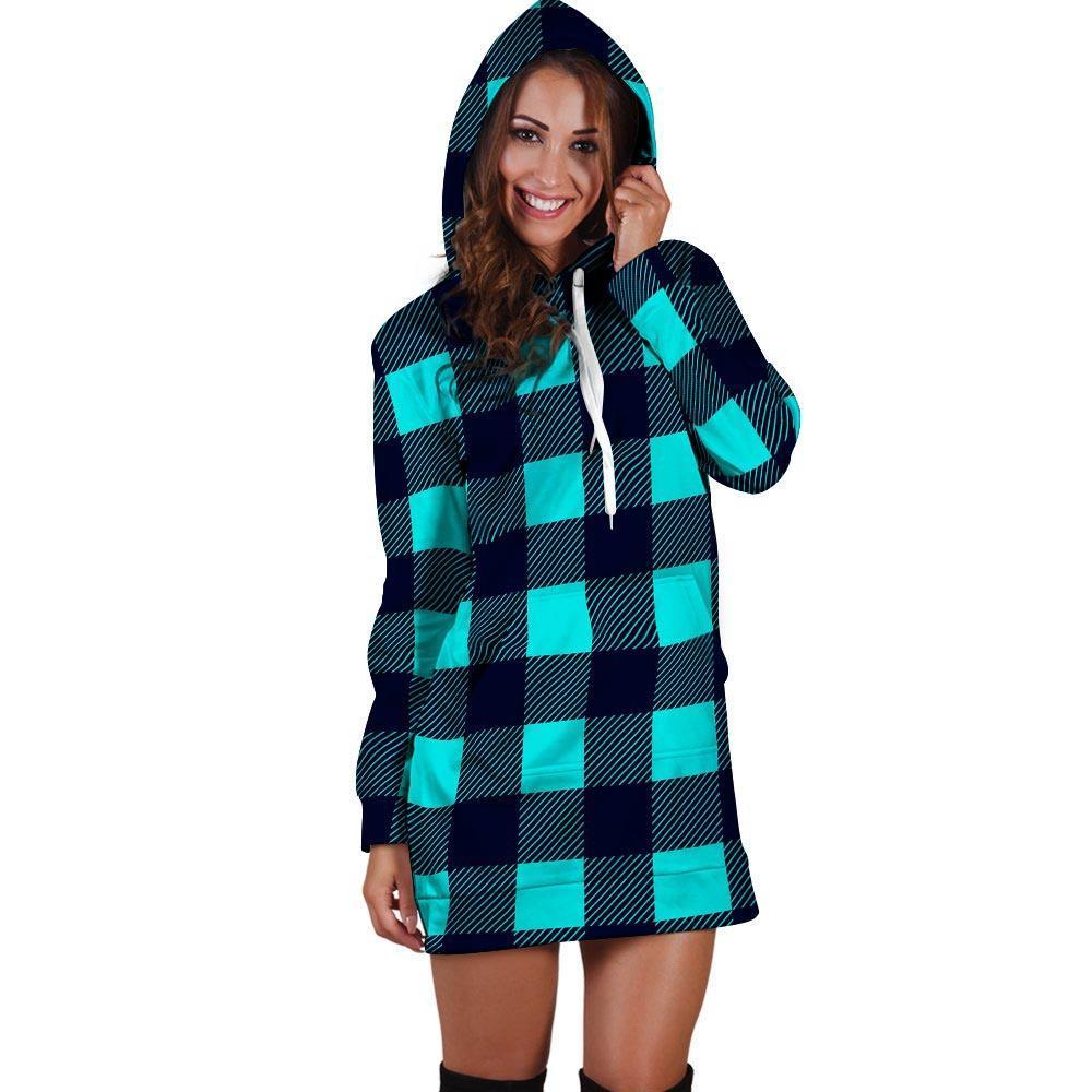 Blue Plaid Print Hoodie Dress-grizzshop