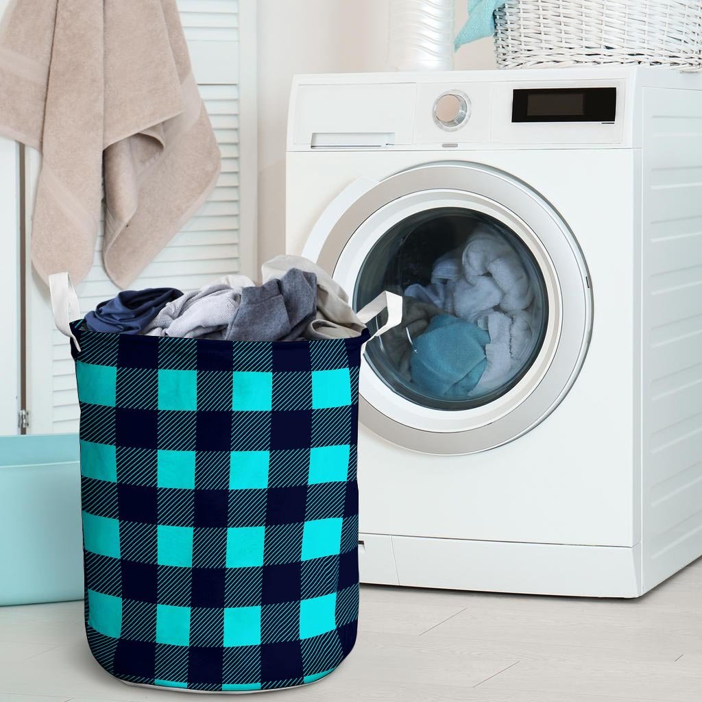 Blue Plaid Print Laundry Basket-grizzshop