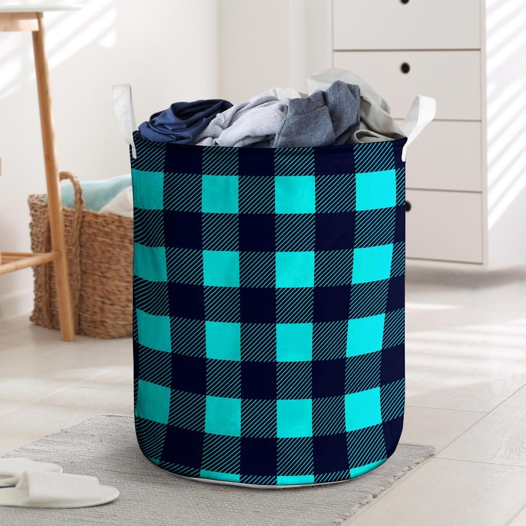 Blue Plaid Print Laundry Basket-grizzshop