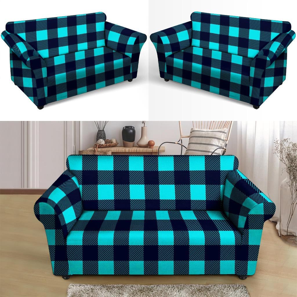 Blue Plaid Print Loveseat Cover-grizzshop