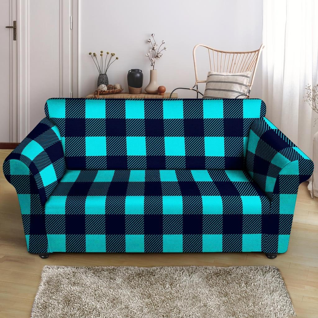 Blue Plaid Print Loveseat Cover-grizzshop