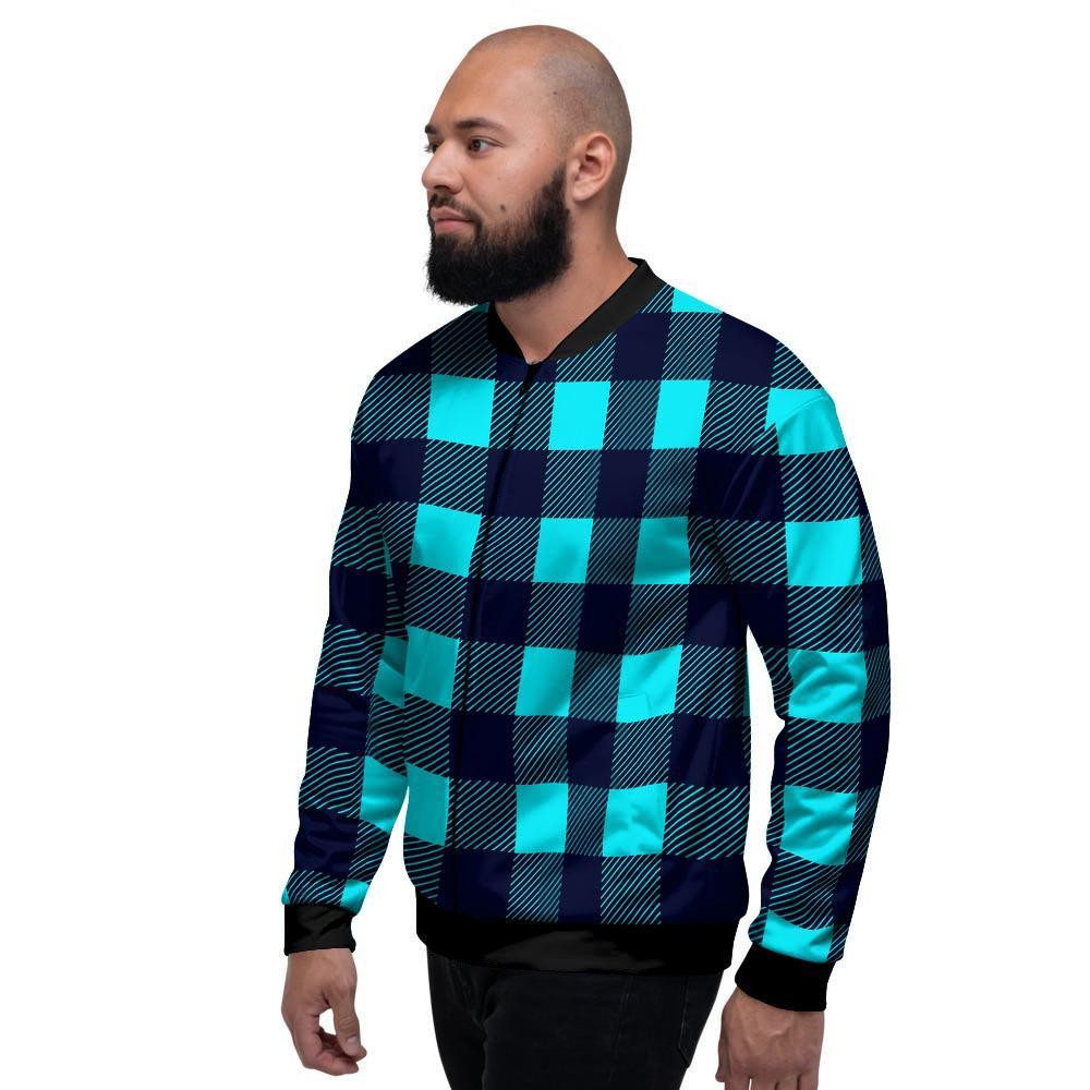 Blue Plaid Print Men's Bomber Jacket-grizzshop