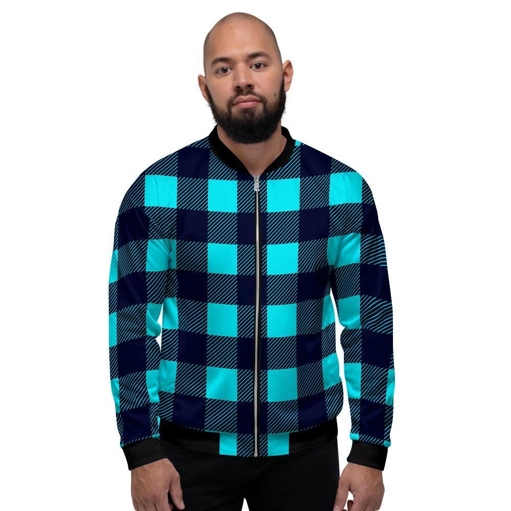 Blue Plaid Print Men's Bomber Jacket-grizzshop