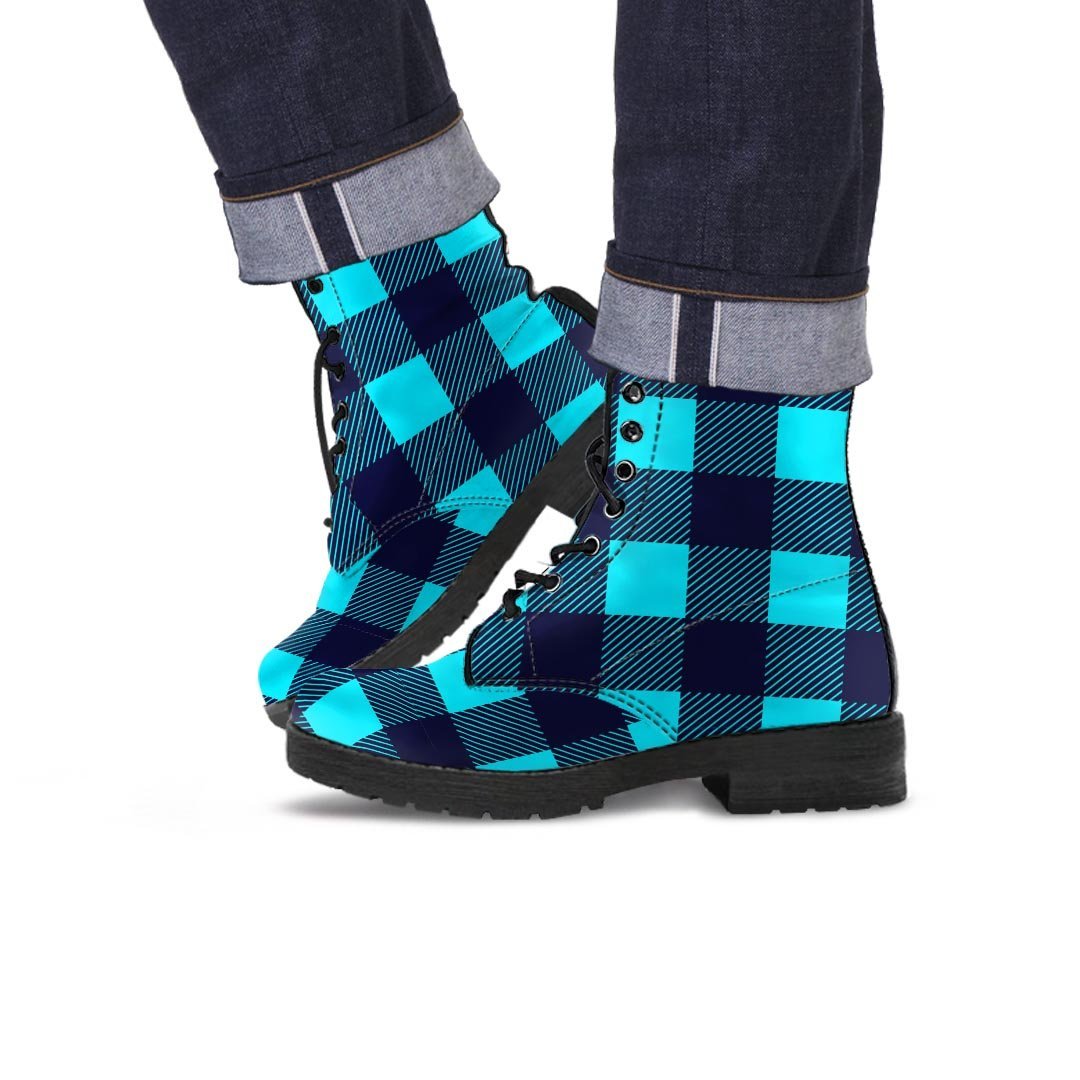 Blue Plaid Print Men's Boots-grizzshop