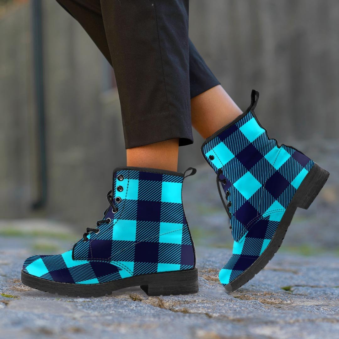 Blue Plaid Print Men's Boots-grizzshop